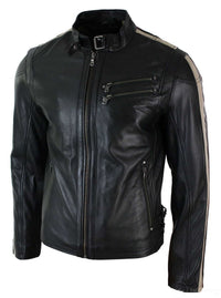 Äkta Läder Slim Fit Kort Herr Biker Racing Jacka Randiga Ärmar Blixtlås