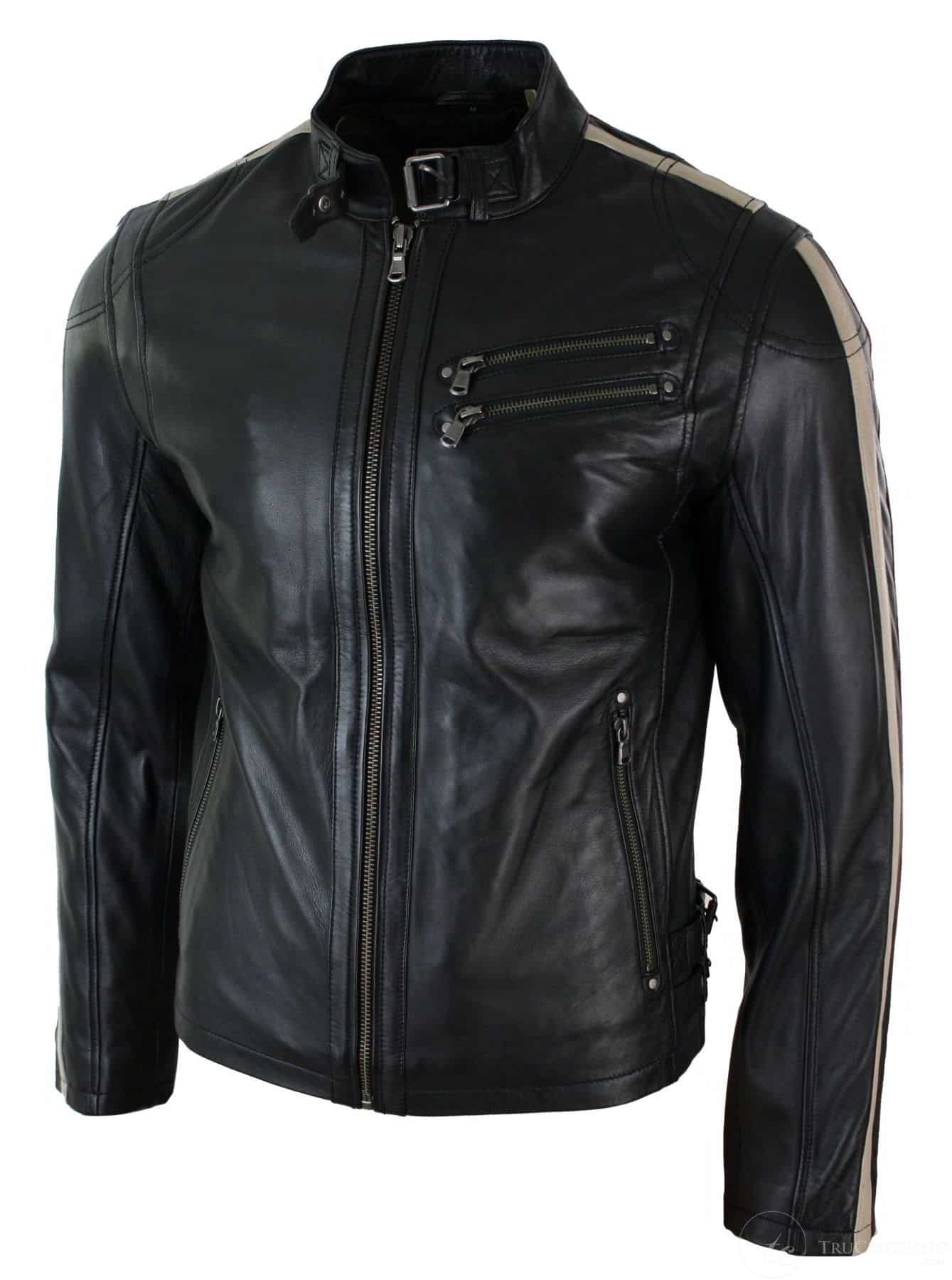 Äkta Läder Slim Fit Kort Herr Biker Racing Jacka Randiga Ärmar Blixtlås