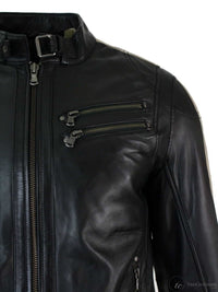 Äkta Läder Slim Fit Kort Herr Biker Racing Jacka Randiga Ärmar Blixtlås