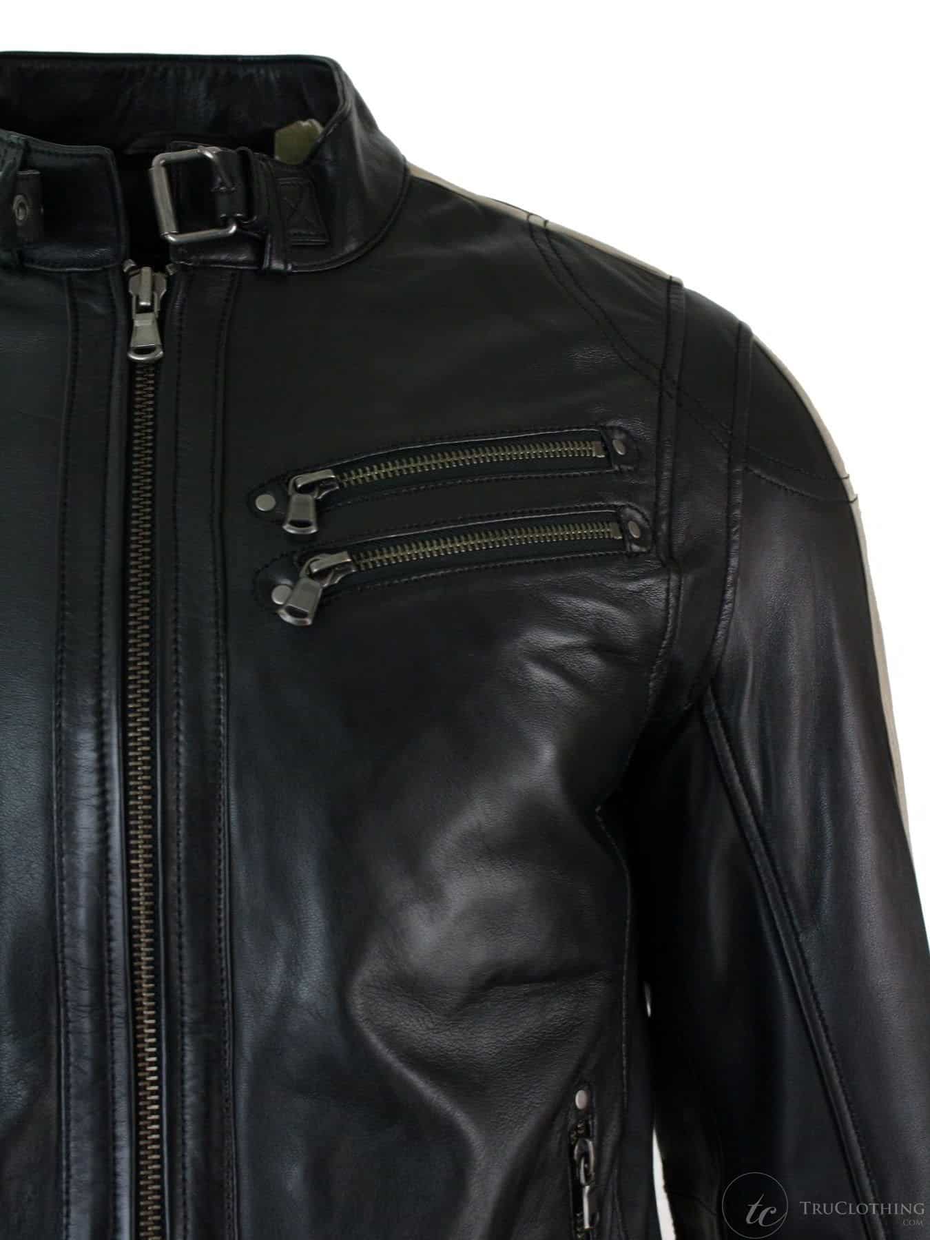 Äkta Läder Slim Fit Kort Herr Biker Racing Jacka Randiga Ärmar Blixtlås
