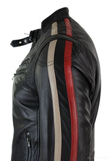 Äkta Läder Slim Fit Kort Herr Biker Racing Jacka Randiga Ärmar Blixtlås