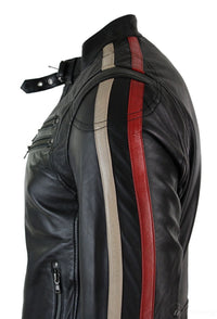 Äkta Läder Slim Fit Kort Herr Biker Racing Jacka Randiga Ärmar Blixtlås