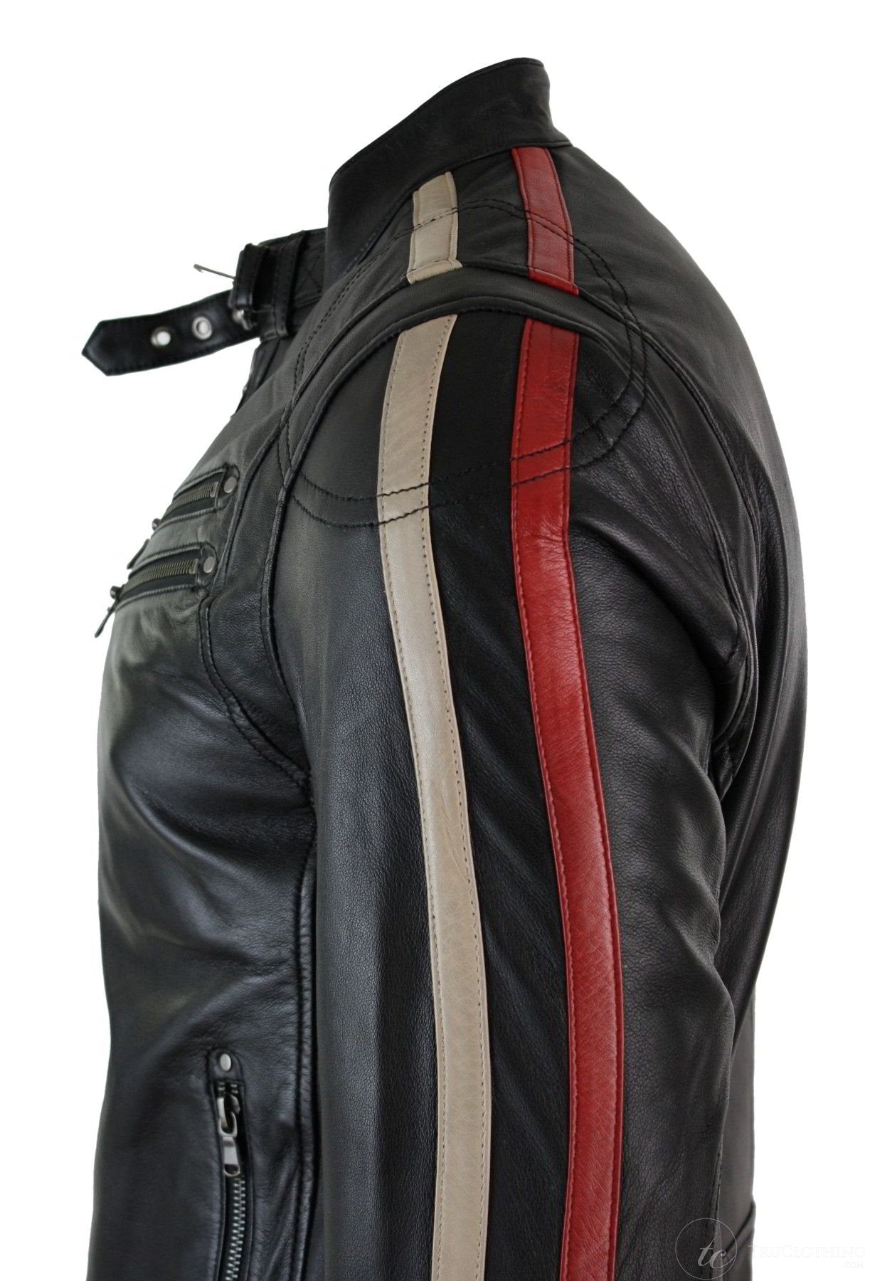 Äkta Läder Slim Fit Kort Herr Biker Racing Jacka Randiga Ärmar Blixtlås