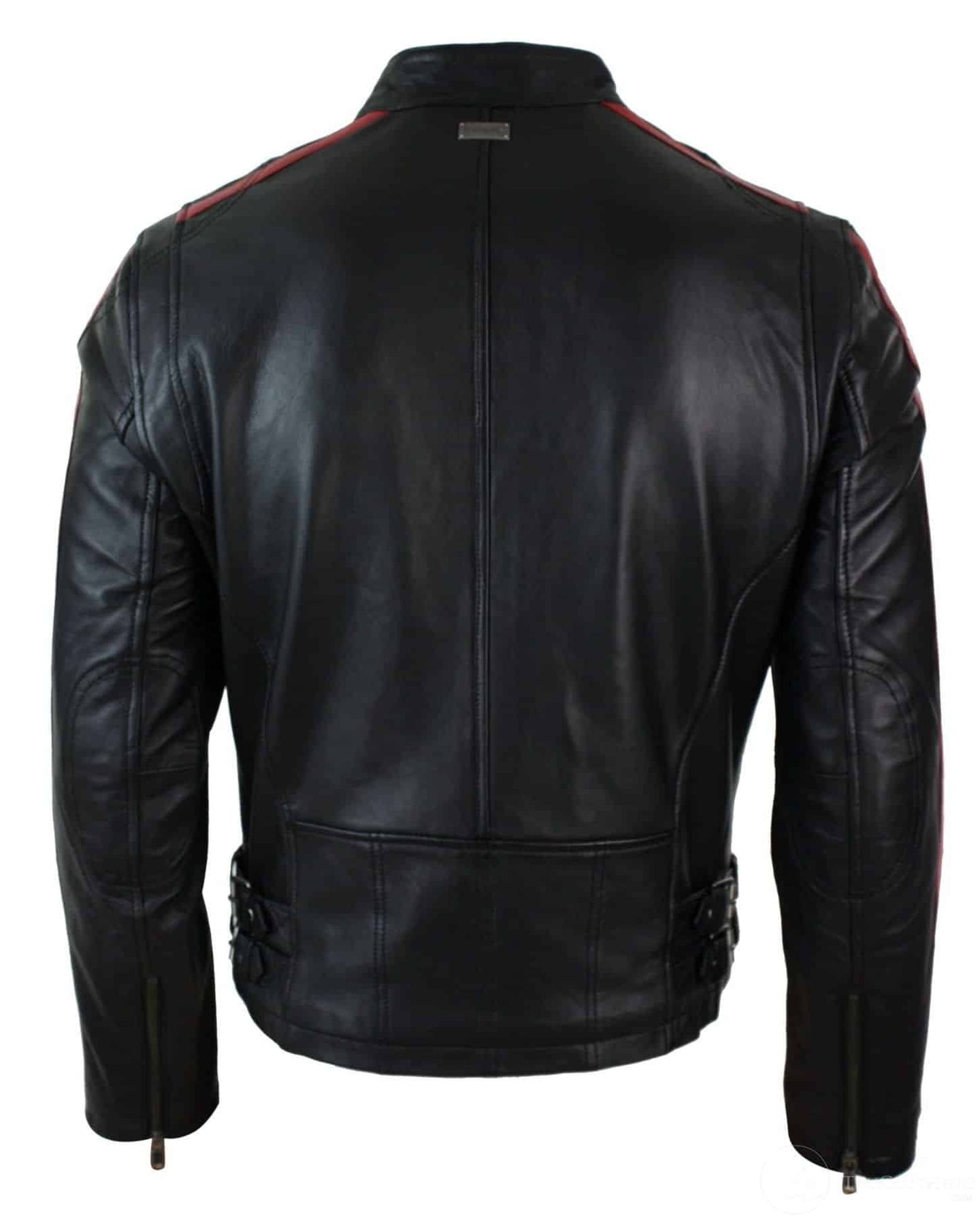 Äkta Läder Slim Fit Kort Herr Biker Racing Jacka Randiga Ärmar Blixtlås
