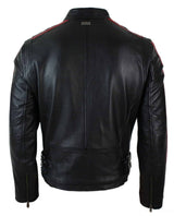 Äkta Läder Slim Fit Kort Herr Biker Racing Jacka Randiga Ärmar Blixtlås
