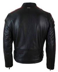 Äkta Läder Slim Fit Kort Herr Biker Racing Jacka Randiga Ärmar Blixtlås