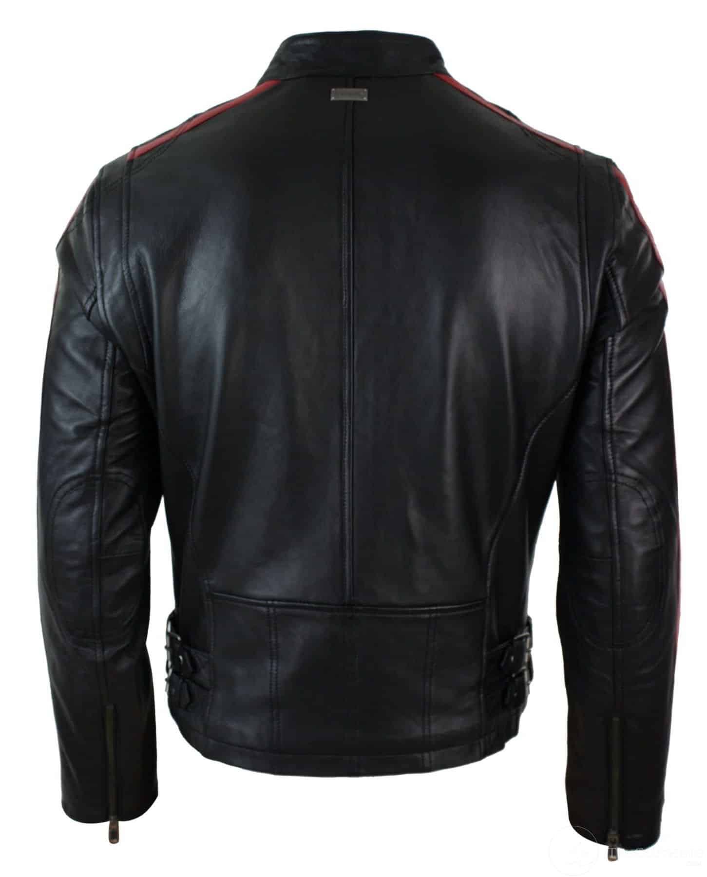 Äkta Läder Slim Fit Kort Herr Biker Racing Jacka Randiga Ärmar Blixtlås