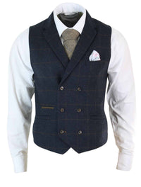 Herr Dubbelknäppt Fiskbensmönstrad Tweed Peaky Blinders Vintagerutig Väst Marinblå