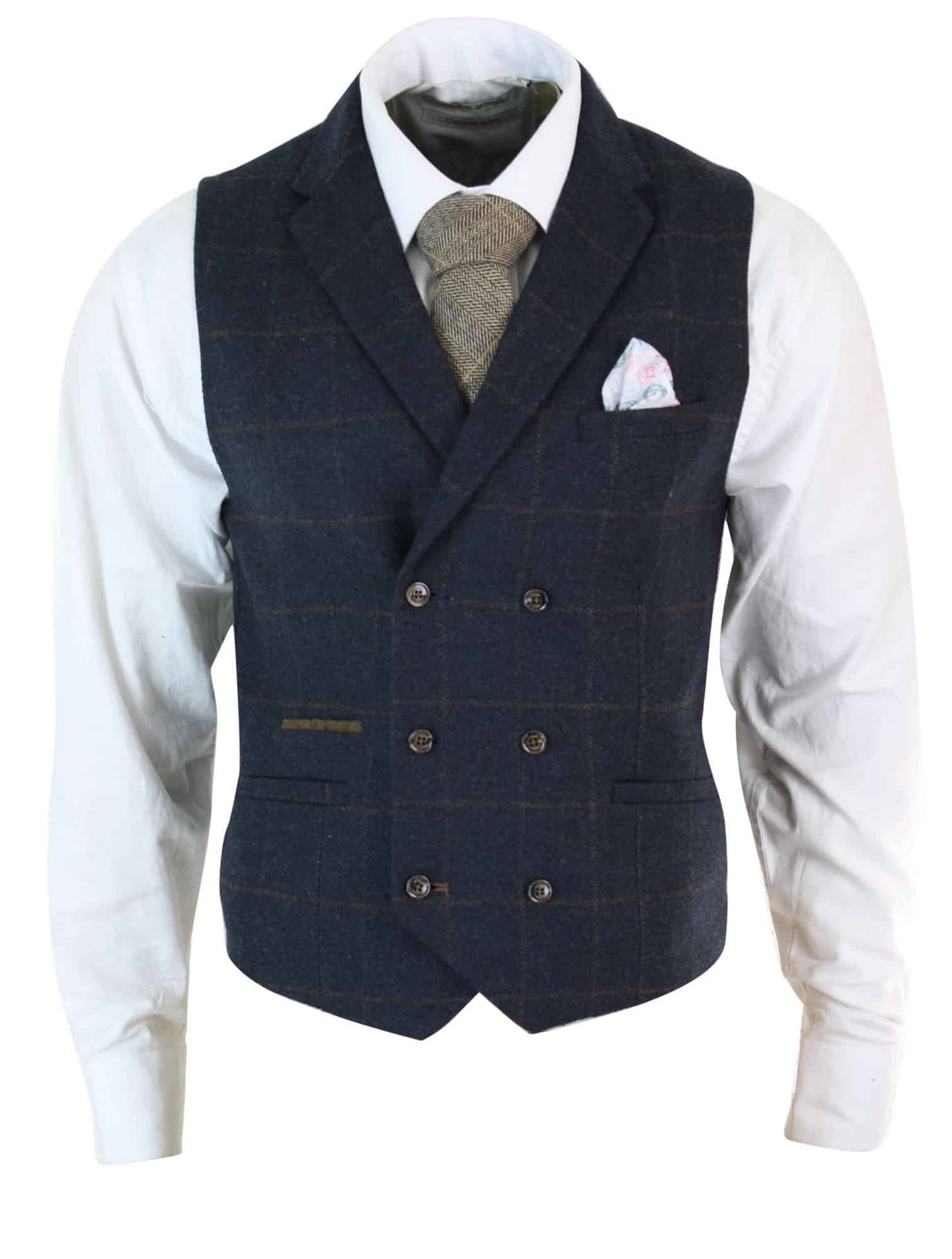 Herr Dubbelknäppt Fiskbensmönstrad Tweed Peaky Blinders Vintagerutig Väst Marinblå