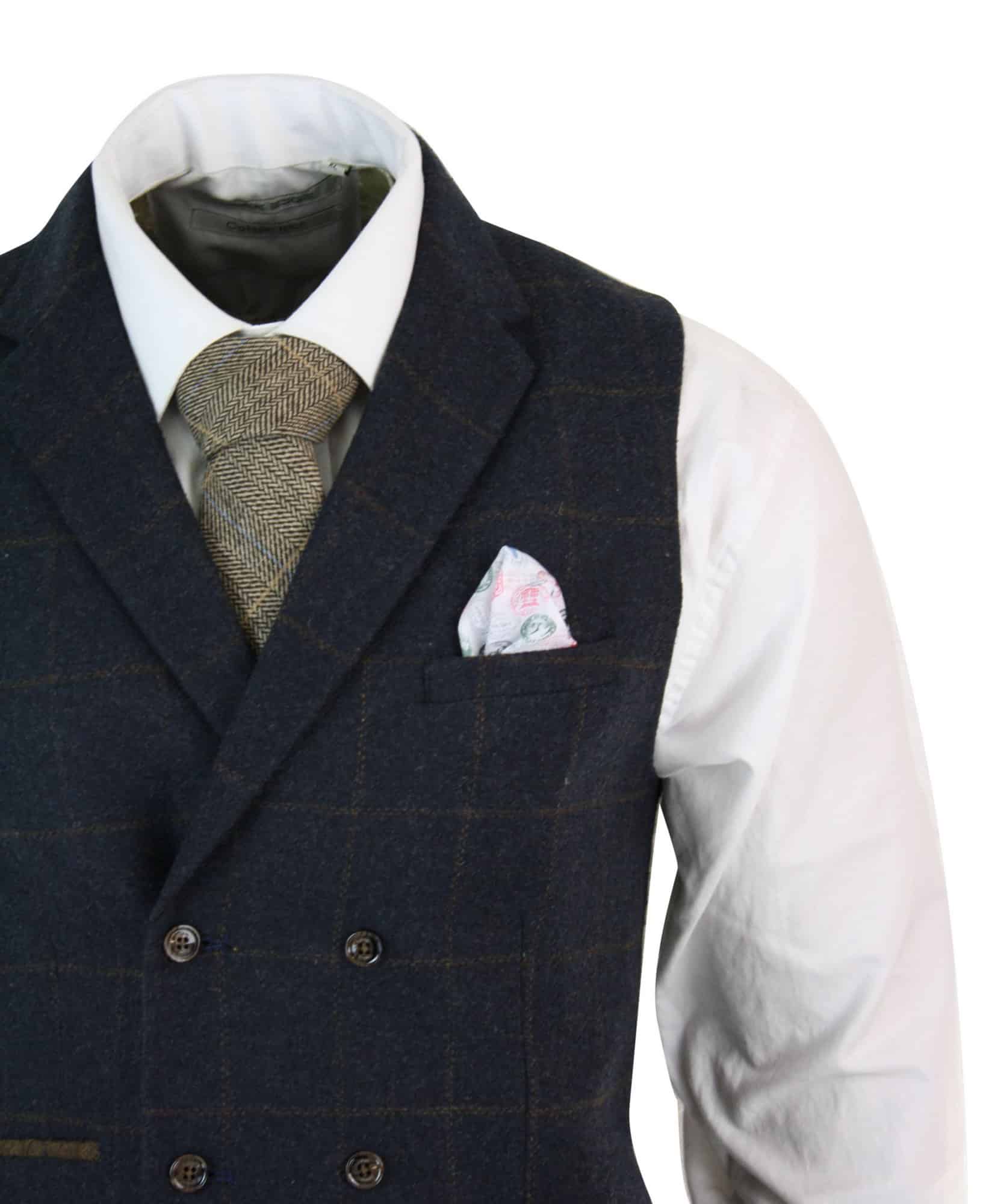 Herr Dubbelknäppt Fiskbensmönstrad Tweed Peaky Blinders Vintagerutig Väst Marinblå