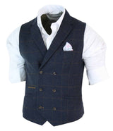 Herr Dubbelknäppt Fiskbensmönstrad Tweed Peaky Blinders Vintagerutig Väst Marinblå