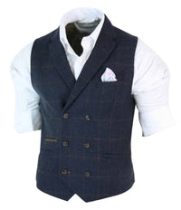 Herr Dubbelknäppt Fiskbensmönstrad Tweed Peaky Blinders Vintagerutig Väst Marinblå