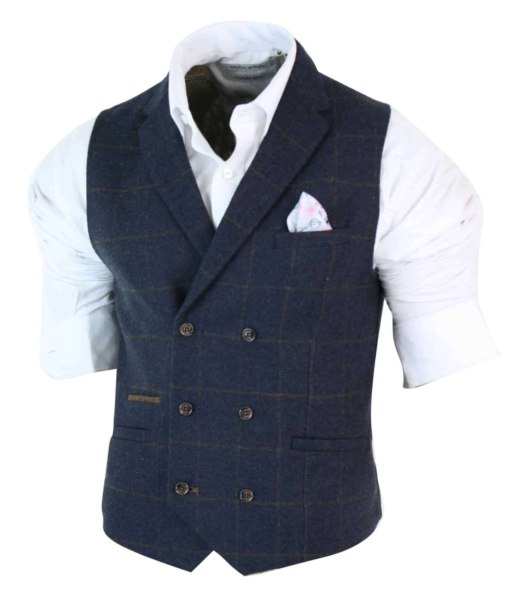 Herr Dubbelknäppt Fiskbensmönstrad Tweed Peaky Blinders Vintagerutig Väst Marinblå