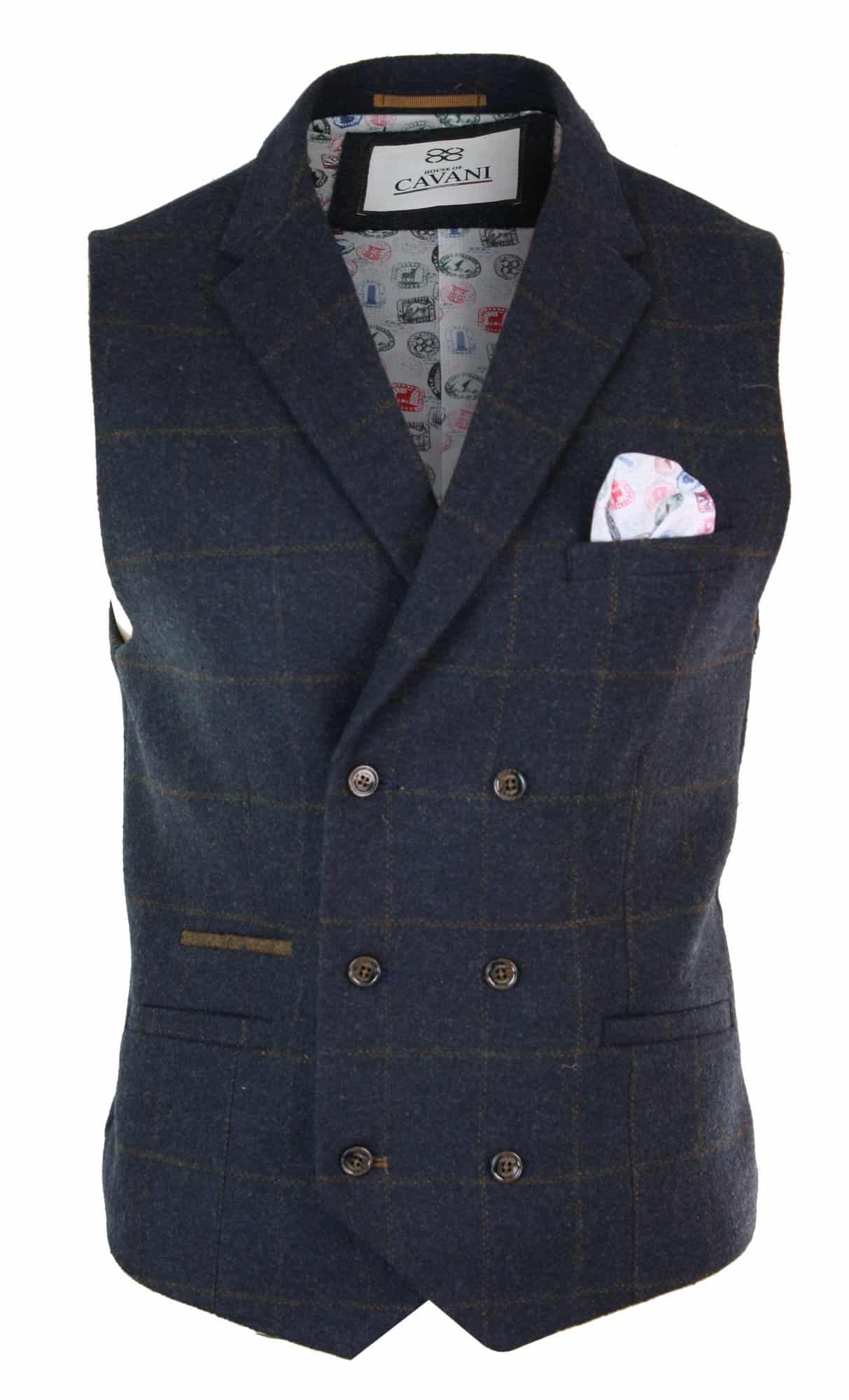 Herr Dubbelknäppt Fiskbensmönstrad Tweed Peaky Blinders Vintagerutig Väst Marinblå