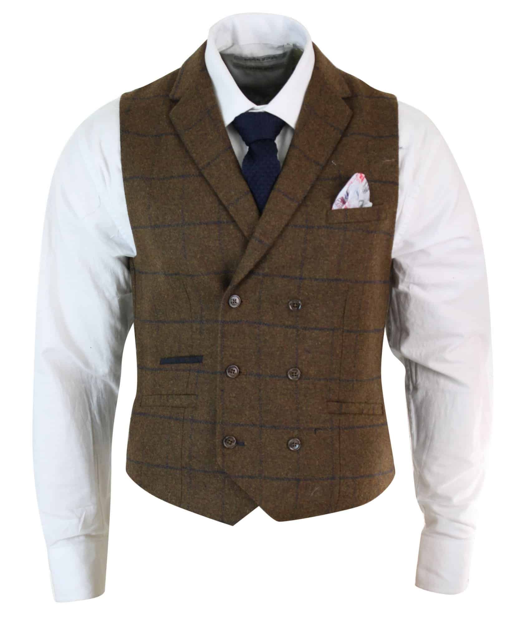 Herr Dubbelknäppt Fiskbensmönstrad Tweed Peaky Blinders Vintagerutig Väst Brun