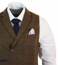 Herr Dubbelknäppt Fiskbensmönstrad Tweed Peaky Blinders Vintagerutig Väst Brun