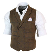 Herr Dubbelknäppt Fiskbensmönstrad Tweed Peaky Blinders Vintagerutig Väst Brun