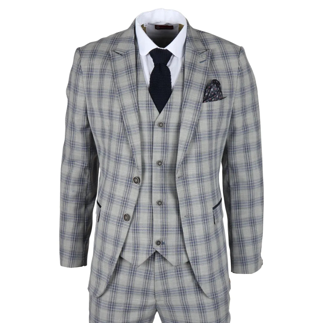 Knight herrkostym i 3 delar, grå och blå rutig