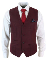 Marc Darcy Len Mati - Herr Slim Fit Vinröd Rödbrun Svart Fiskbensmönstrad Tweed Vintage Retro Väst
