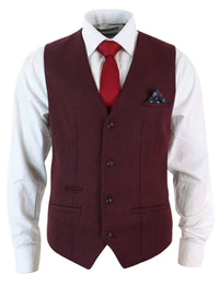 Marc Darcy Len Mati - Herr Slim Fit Vinröd Rödbrun Svart Fiskbensmönstrad Tweed Vintage Retro Väst