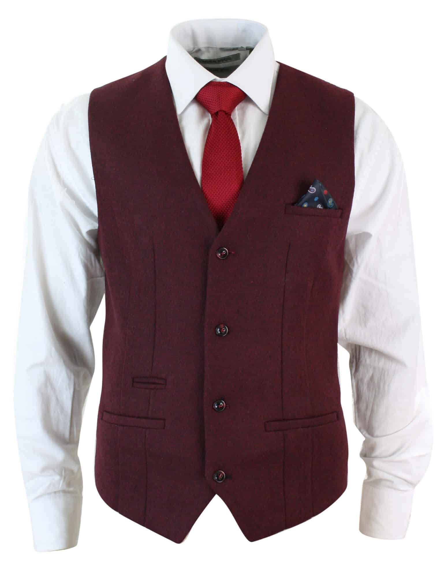 Marc Darcy Len Mati - Herr Slim Fit Vinröd Rödbrun Svart Fiskbensmönstrad Tweed Vintage Retro Väst