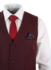 Marc Darcy Len Mati - Herr Slim Fit Vinröd Rödbrun Svart Fiskbensmönstrad Tweed Vintage Retro Väst