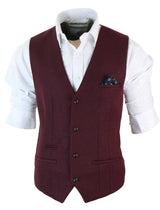 Marc Darcy Len Mati - Herr Slim Fit Vinröd Rödbrun Svart Fiskbensmönstrad Tweed Vintage Retro Väst