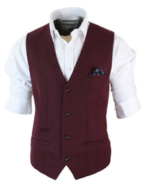 Marc Darcy Len Mati - Herr Slim Fit Vinröd Rödbrun Svart Fiskbensmönstrad Tweed Vintage Retro Väst