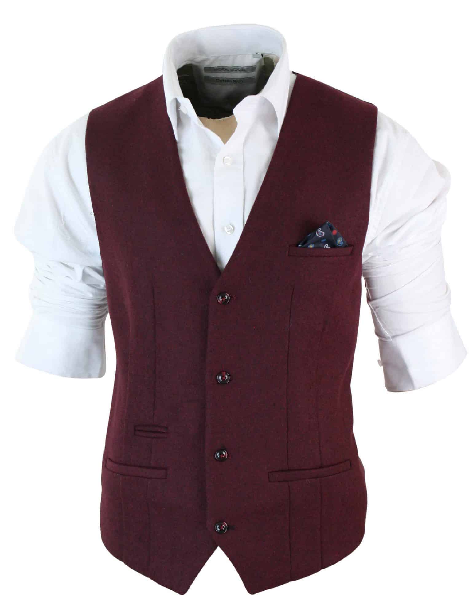 Marc Darcy Len Mati - Herr Slim Fit Vinröd Rödbrun Svart Fiskbensmönstrad Tweed Vintage Retro Väst