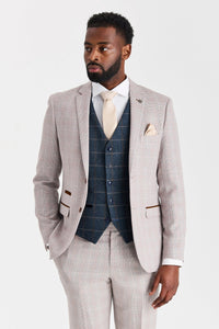 Leo beige kostym med Harris marinblå tweedväst