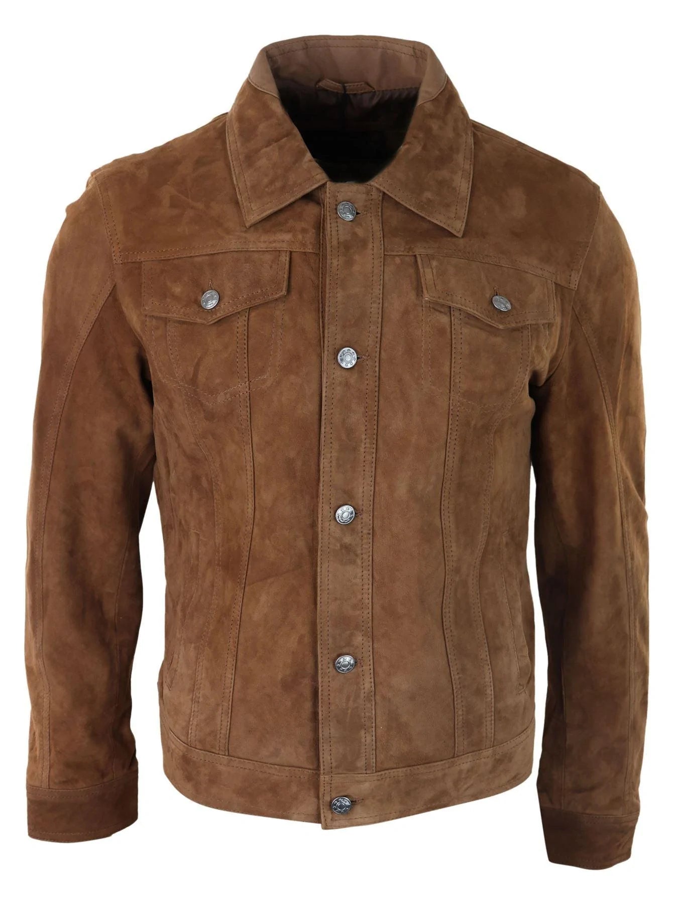 Herrjacka i äkta mocka, läder, jeans, denimshorts, herr, biker, klassisk vintage, brun