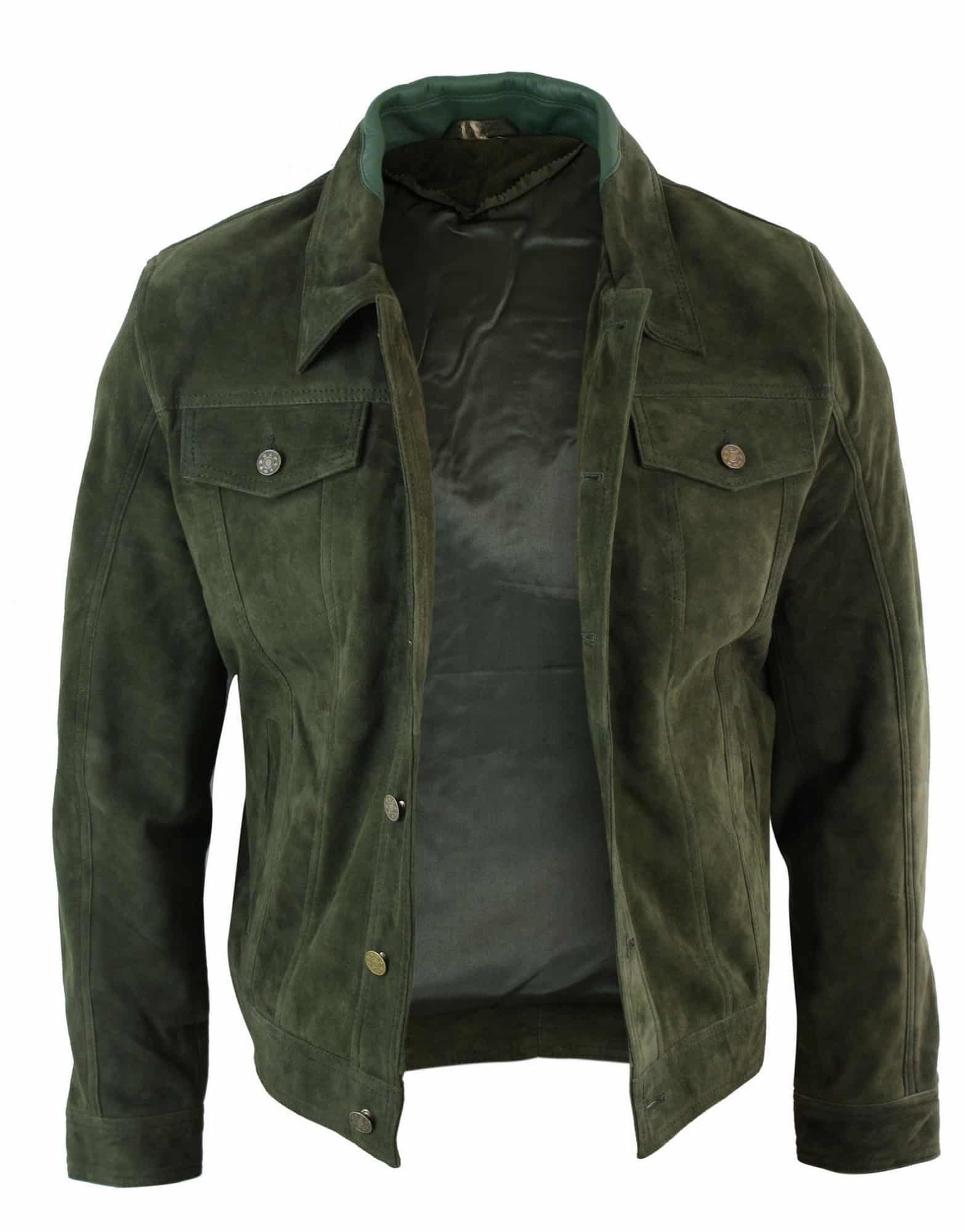 Äkta mocka herr kort denim stil retro jeansjacka casual - olivfärgad