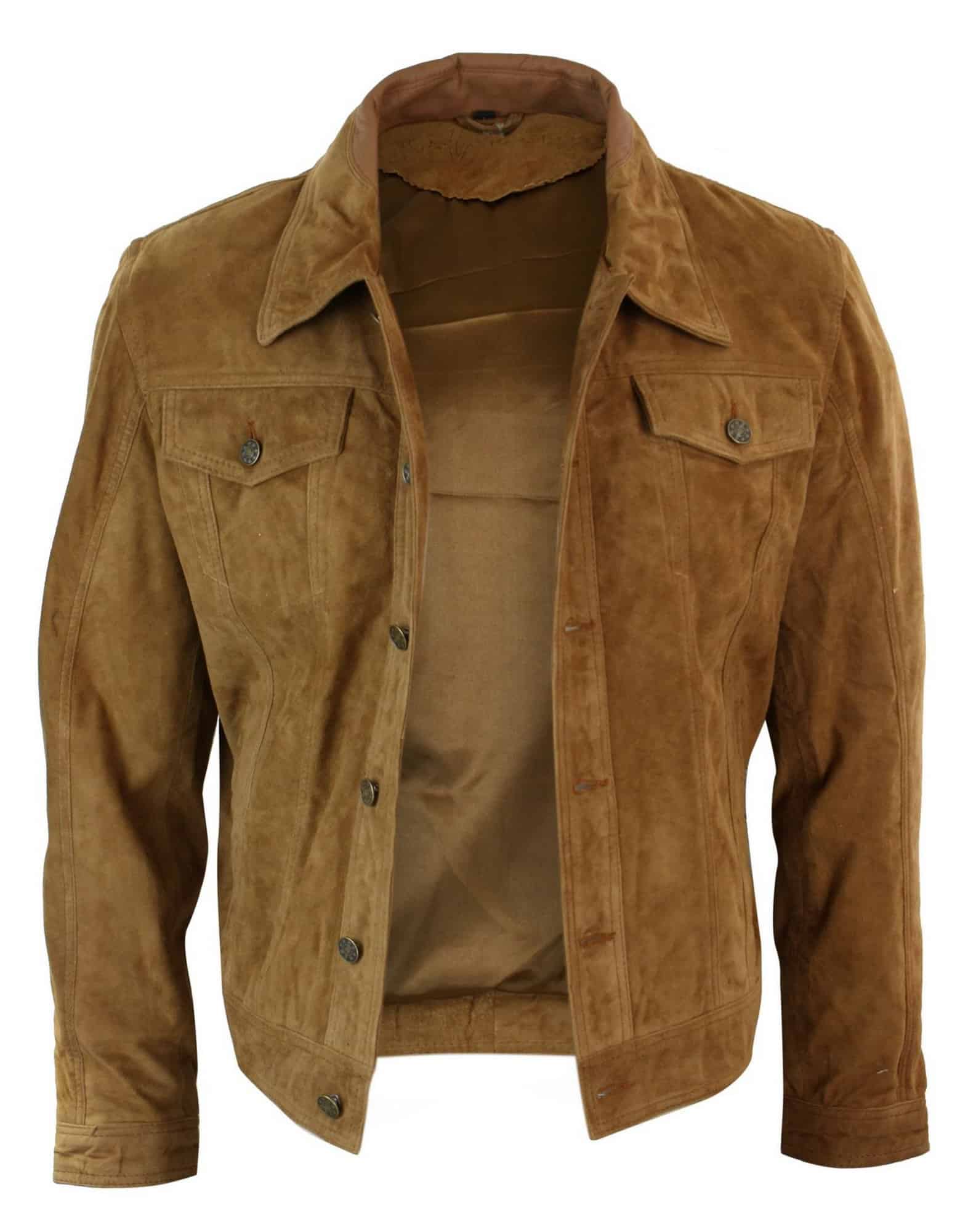 Äkta mocka herr vintage kort denim stil retro jeansjacka casual - brun färg
