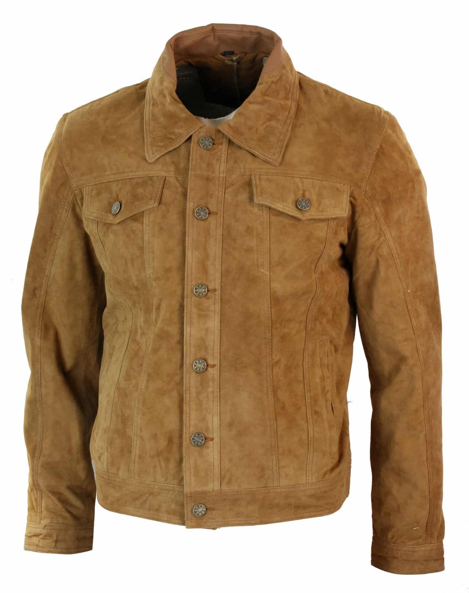Äkta mocka herr vintage kort denim stil retro jeansjacka casual - brun färg
