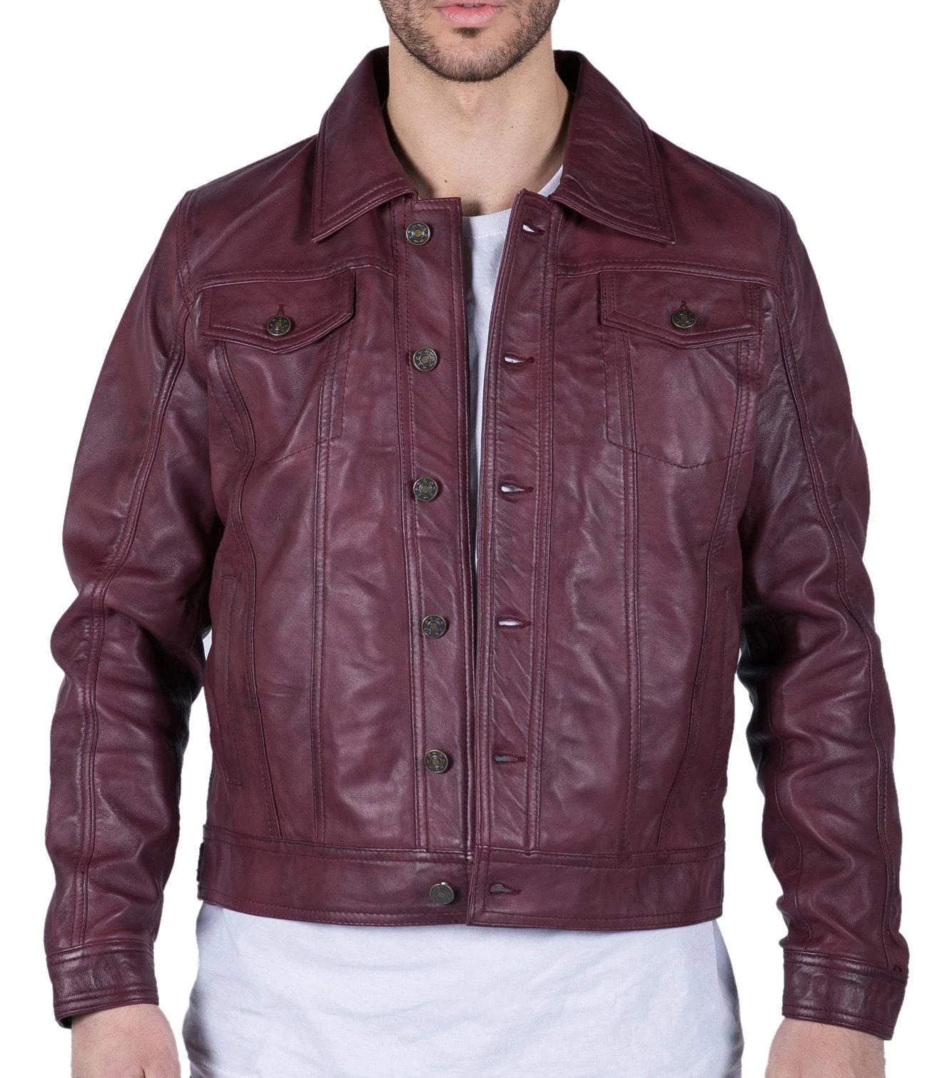Herrskjortjacka i äkta läder, vinröd, retro, jeansstil, klassisk Brando