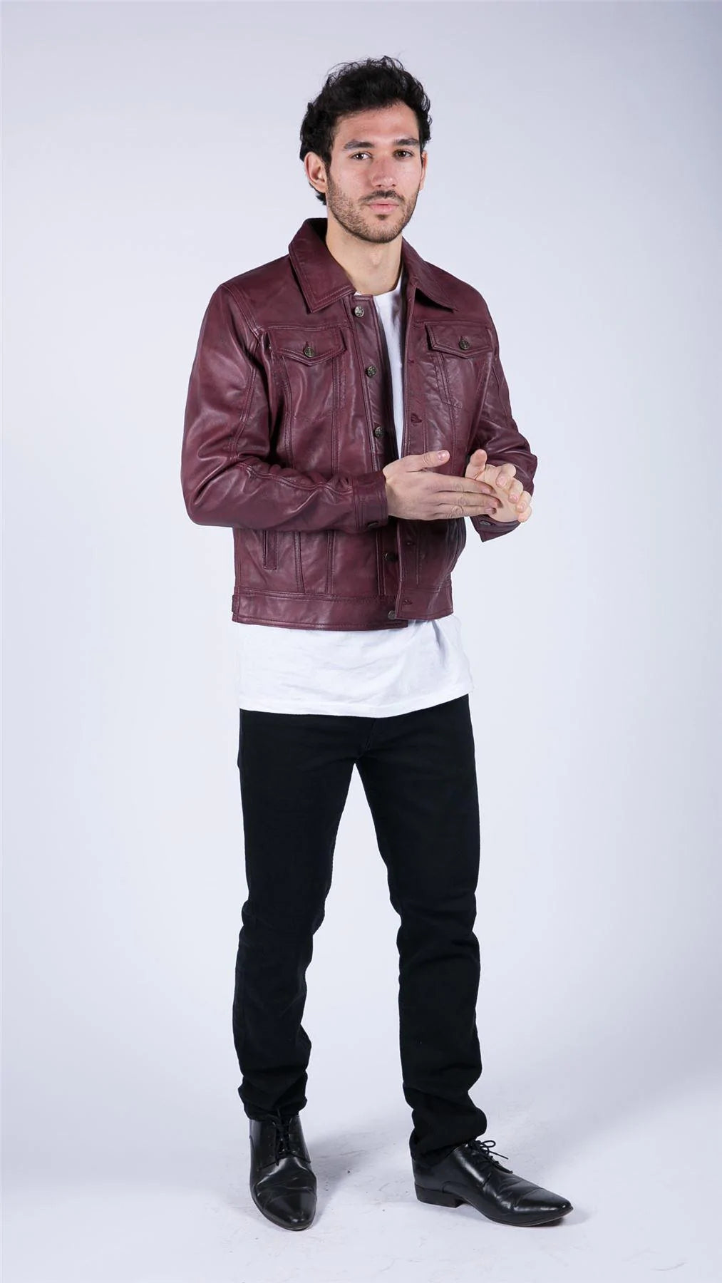 Herrskjortjacka i äkta läder, vinröd, retro, jeansstil, klassisk Brando