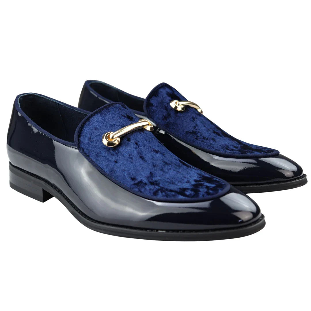 Herrmockasiner i läder, blåfodrad, slip-on, sammet, eleganta formella skor