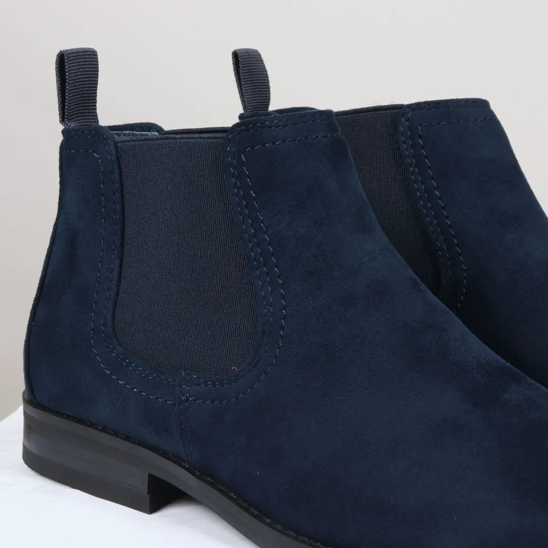 Marinblå slip-on chelsea-stövlar med foder i mocka och läder för män