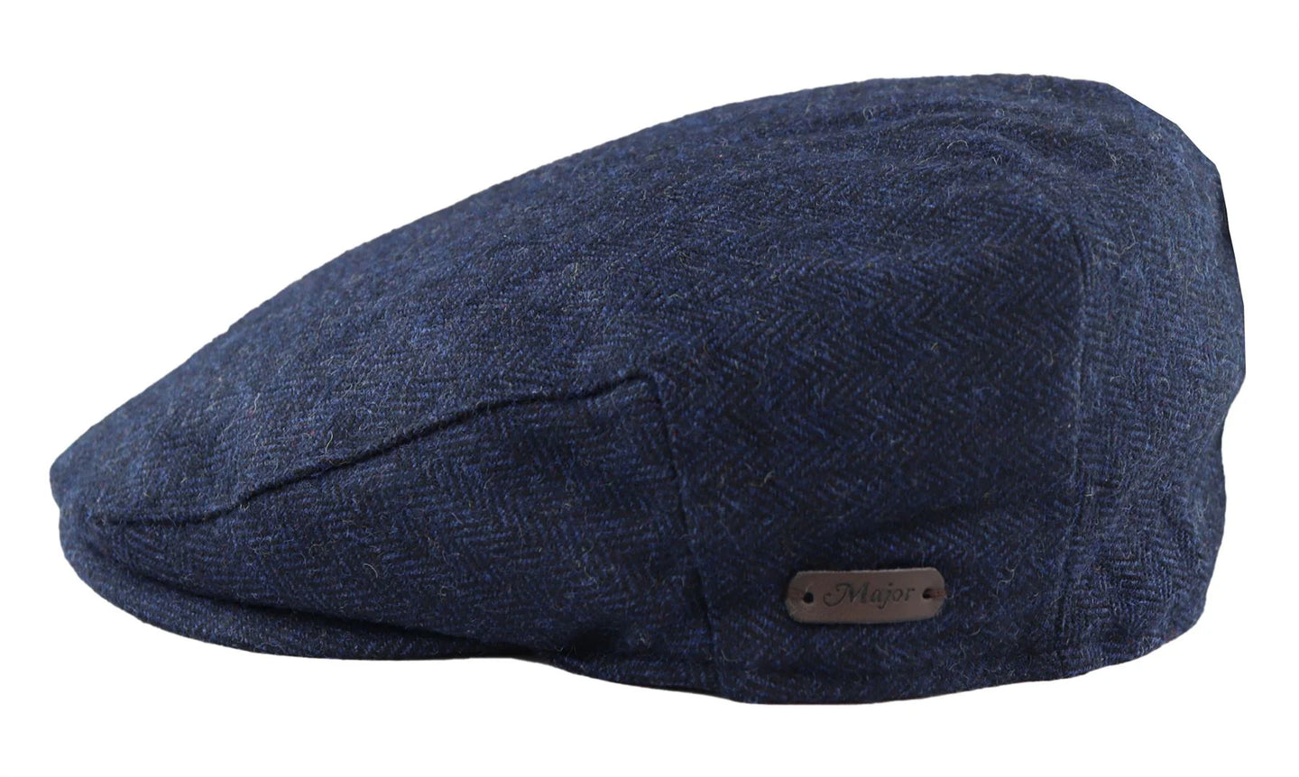 Herrkeps i ull, fiskbensmönstrad, marinblå, tweed, klassisk 1920-talsmodell, unisex, Del Boy