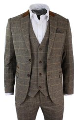 Herrrutig Vintage Fiskbensmönstrad Tweed Brun 3-delad Kostym Slim Fit Bröllop
