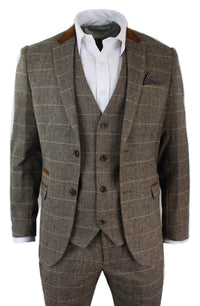 Herrrutig Vintage Fiskbensmönstrad Tweed Brun 3-delad Kostym Slim Fit Bröllop