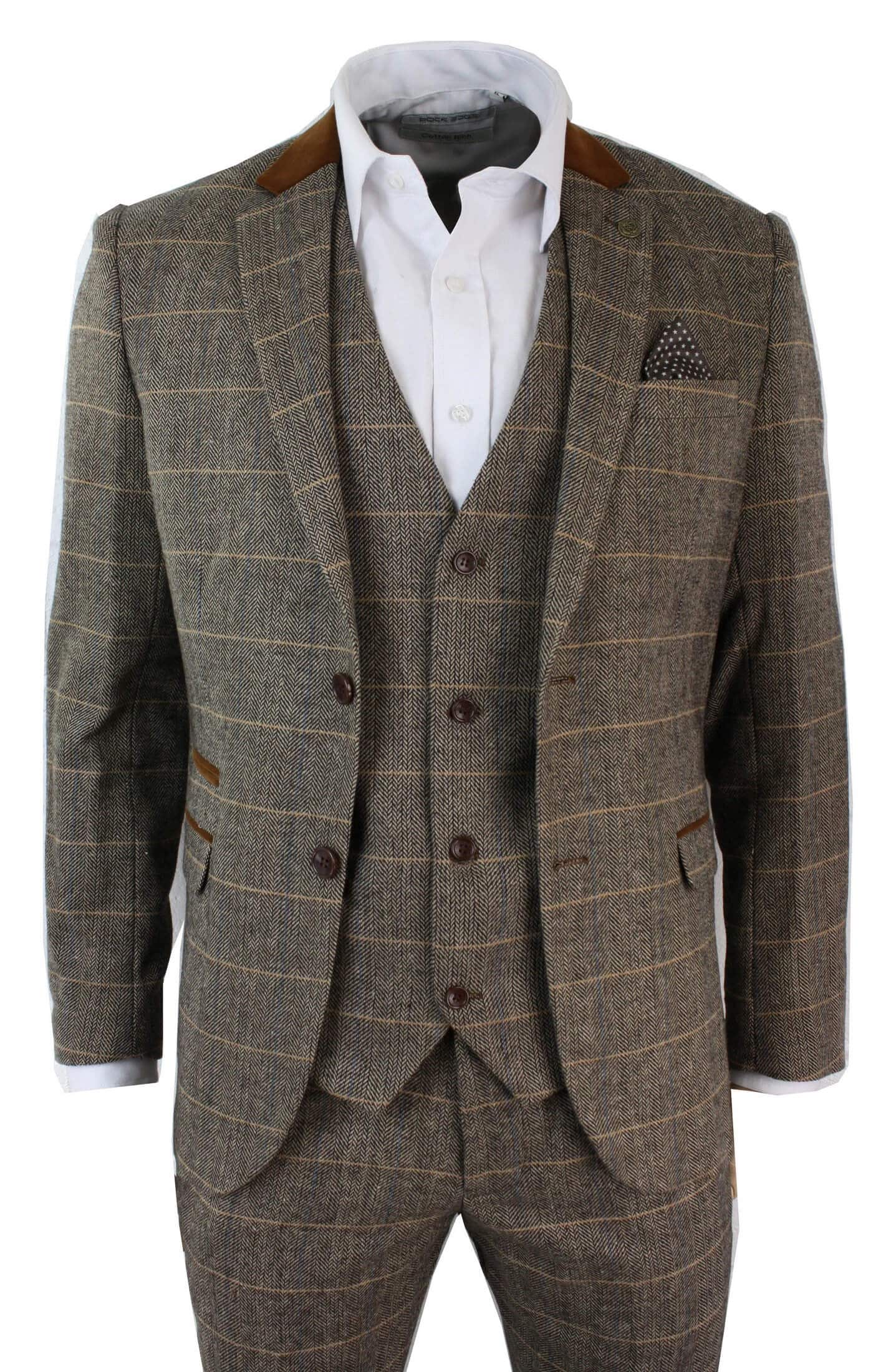Herrrutig Vintage Fiskbensmönstrad Tweed Brun 3-delad Kostym Slim Fit Bröllop