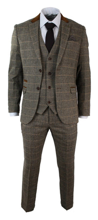 Herrrutig Vintage Fiskbensmönstrad Tweed Brun 3-delad Kostym Slim Fit Bröllop