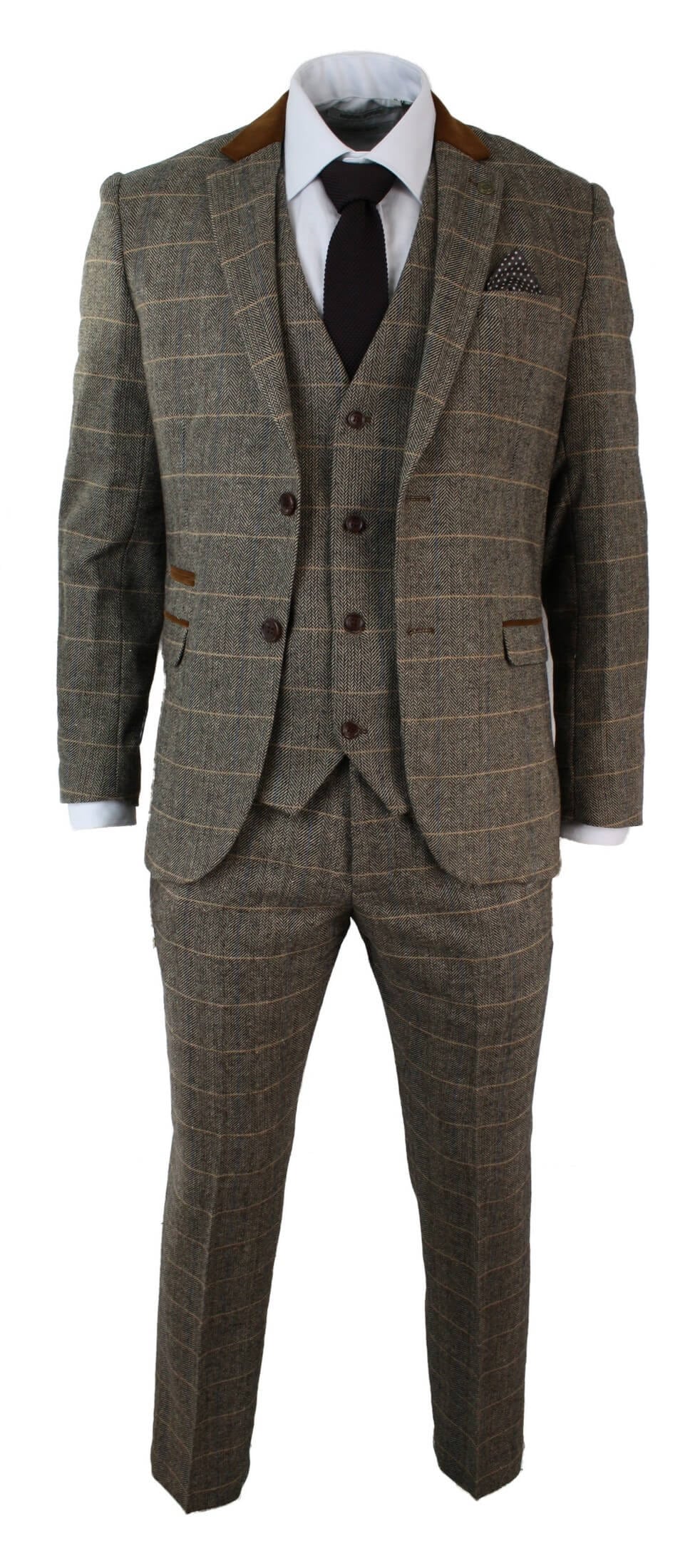 Herrrutig Vintage Fiskbensmönstrad Tweed Brun 3-delad Kostym Slim Fit Bröllop