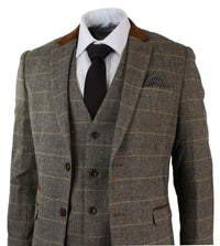 Herrrutig Vintage Fiskbensmönstrad Tweed Brun 3-delad Kostym Slim Fit Bröllop