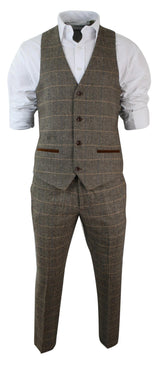Herrrutig Vintage Fiskbensmönstrad Tweed Brun 3-delad Kostym Slim Fit Bröllop