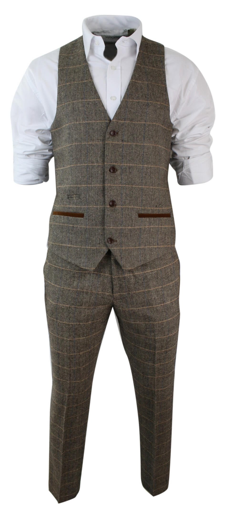 Herrrutig Vintage Fiskbensmönstrad Tweed Brun 3-delad Kostym Slim Fit Bröllop