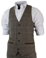 Herrrutig Vintage Fiskbensmönstrad Tweed Brun 3-delad Kostym Slim Fit Bröllop
