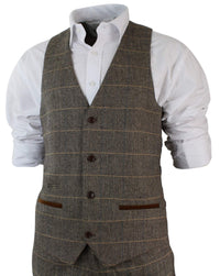 Herrrutig Vintage Fiskbensmönstrad Tweed Brun 3-delad Kostym Slim Fit Bröllop