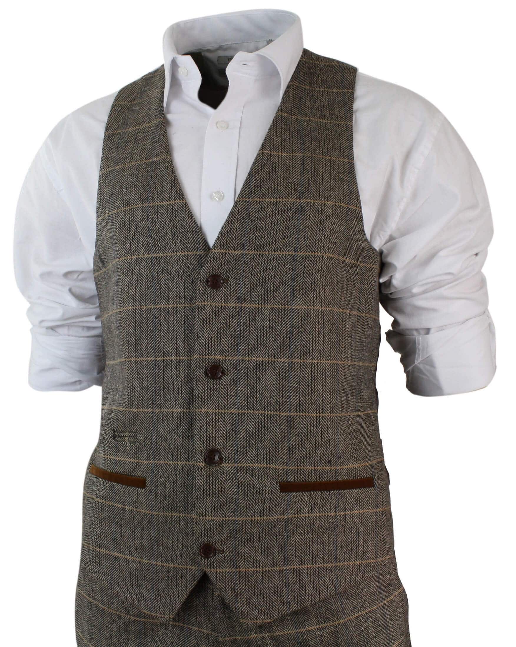 Herrrutig Vintage Fiskbensmönstrad Tweed Brun 3-delad Kostym Slim Fit Bröllop